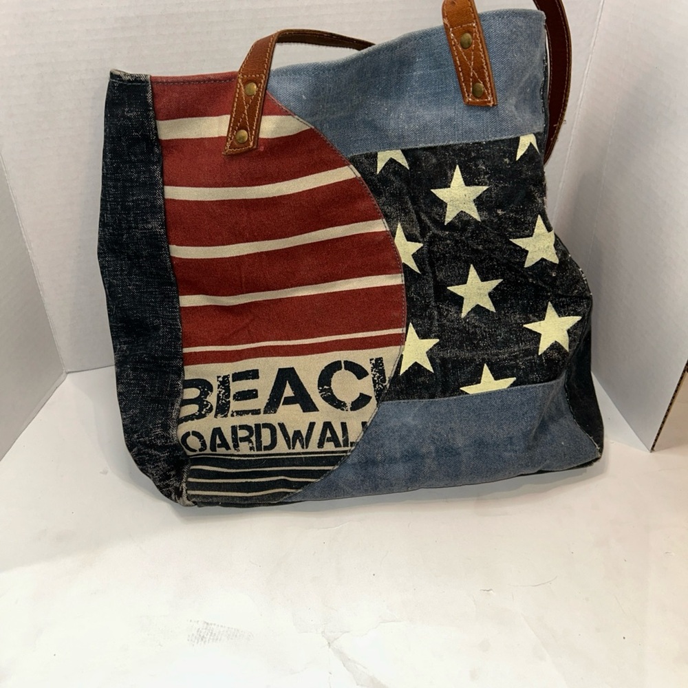 VTG MONA B Stylish Patriotic Canvas Tote with Leather Handles Y2K